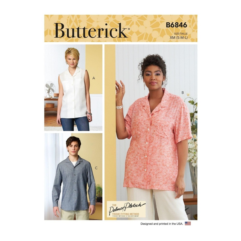 Butterick Sewing Pattern B6846 Shirt Top Button Front Unisex Size S-L